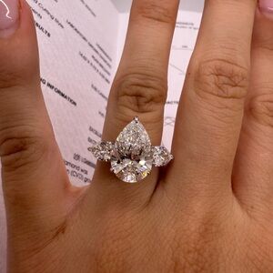 5.00 carat E VVS2 pear lab diamond with pear three stone engagement ring